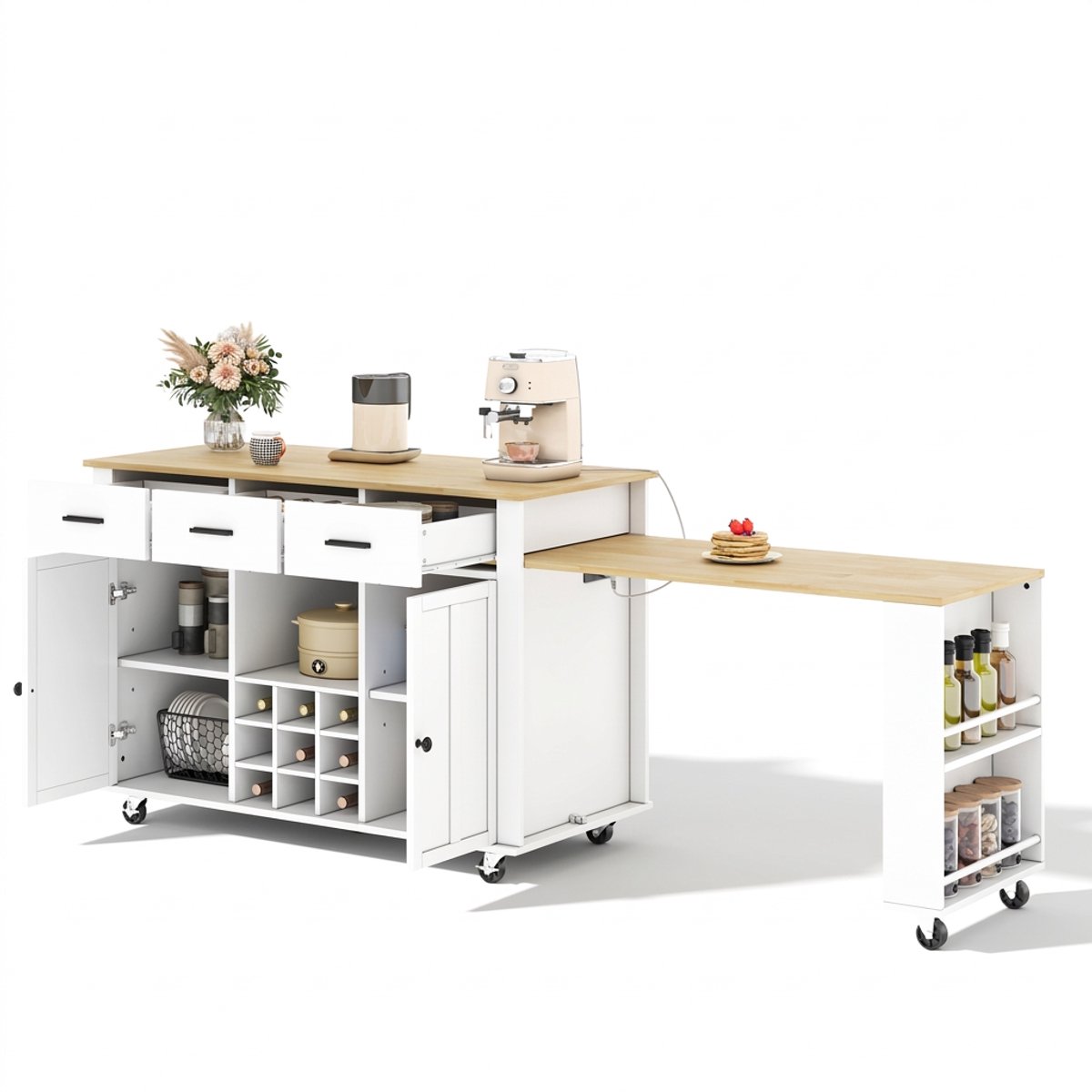 Mobiel keukeneiland met uitschuifbaar werkblad, opbergruimte, lades, wijnrek, stopcontact en USB – 36x50x93 cm, wit eiken, voor keuken en eetkame