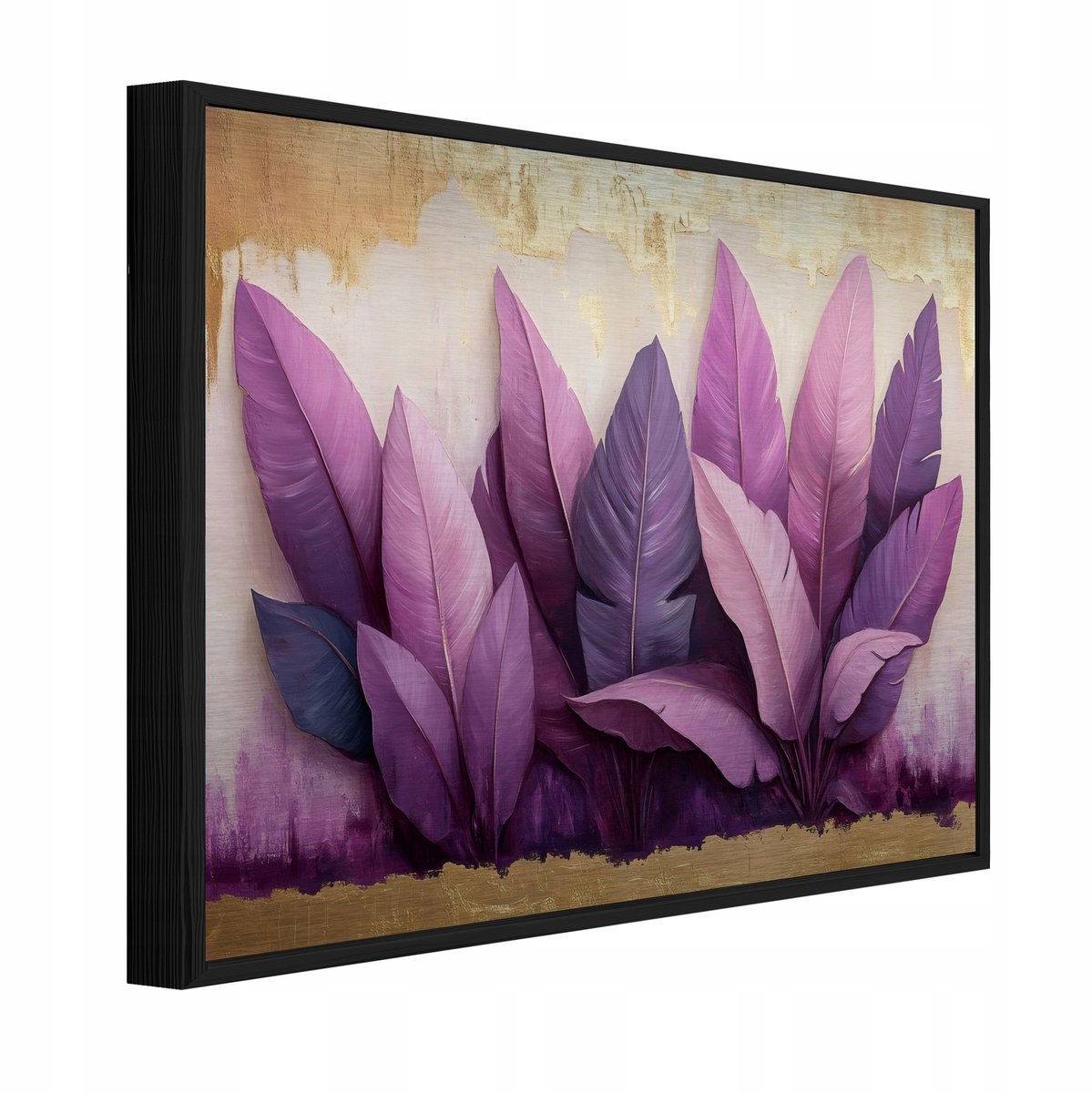 WALLARENA Schilderij op geborsteld aluminium met zwarte lijst 150x100 cm - gouden bladeren op betonlook - wanddecoratie voor woonkamer en slaapkamer Paars