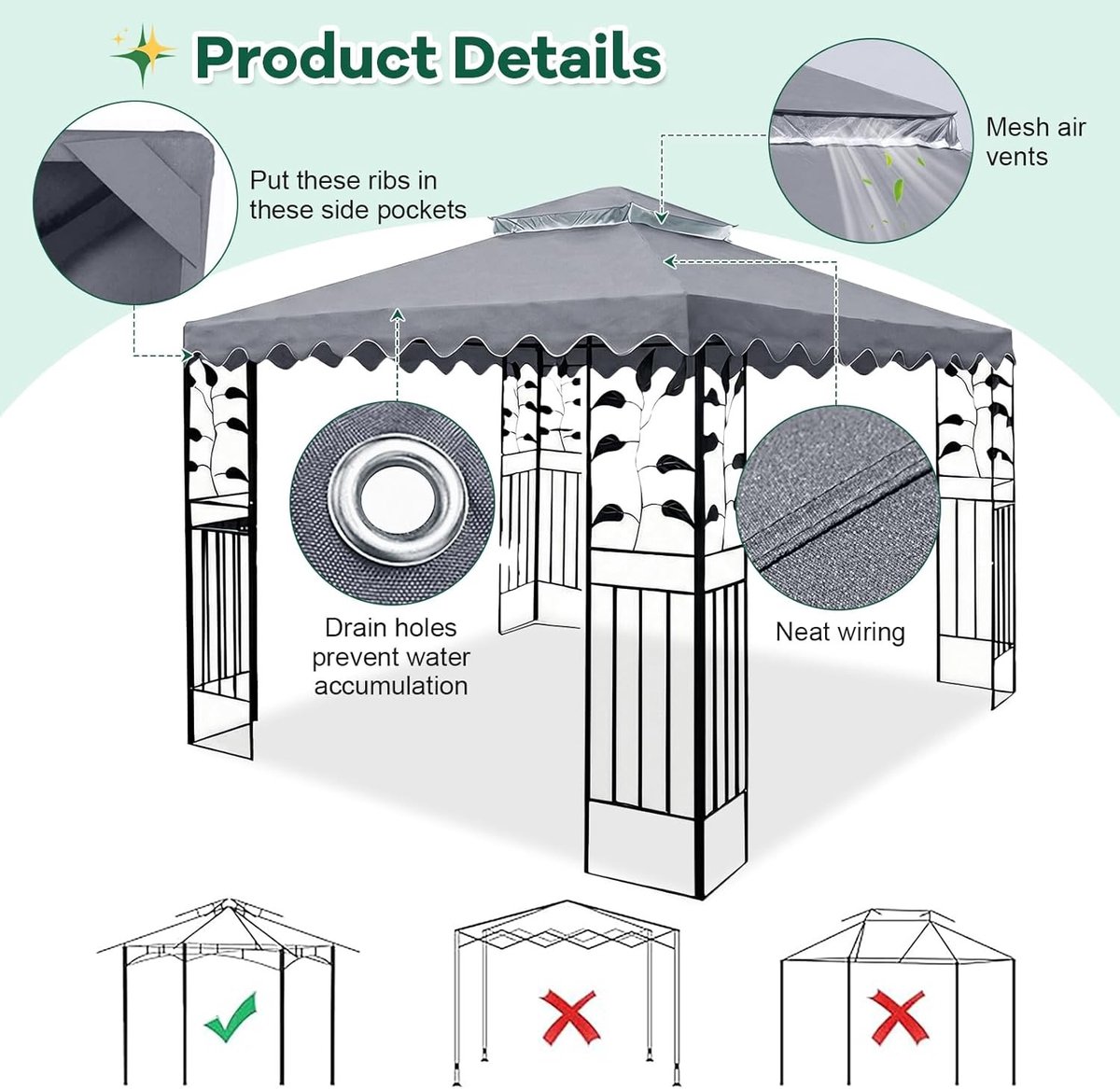 Waterdichte 3 x 3 m Tuinpaviljoen met Dubbele Laag, UV Bescherming en Ventilatie voor Grill en Tuin Gazebo's (Grijs)