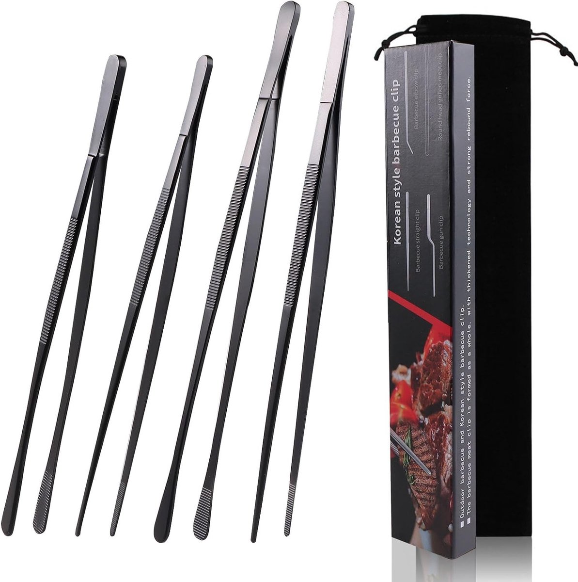 Set van 4 roestvrijstalen keukenpincetten van 12 inch en 10 inch met scherpe tanden voor grillen en koken, ideaal voor precisiewerk en barbecueën