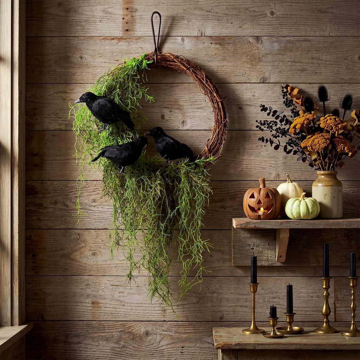 Namajunas - Kraai Decoratieve Krans - Halloween Slingers - Wanddecoratie woonkamer - Voor tuin, terras, balkon, binnenplaatsdecoratie, buiten en binnen - Kunstplant Krans - Herfstkrans