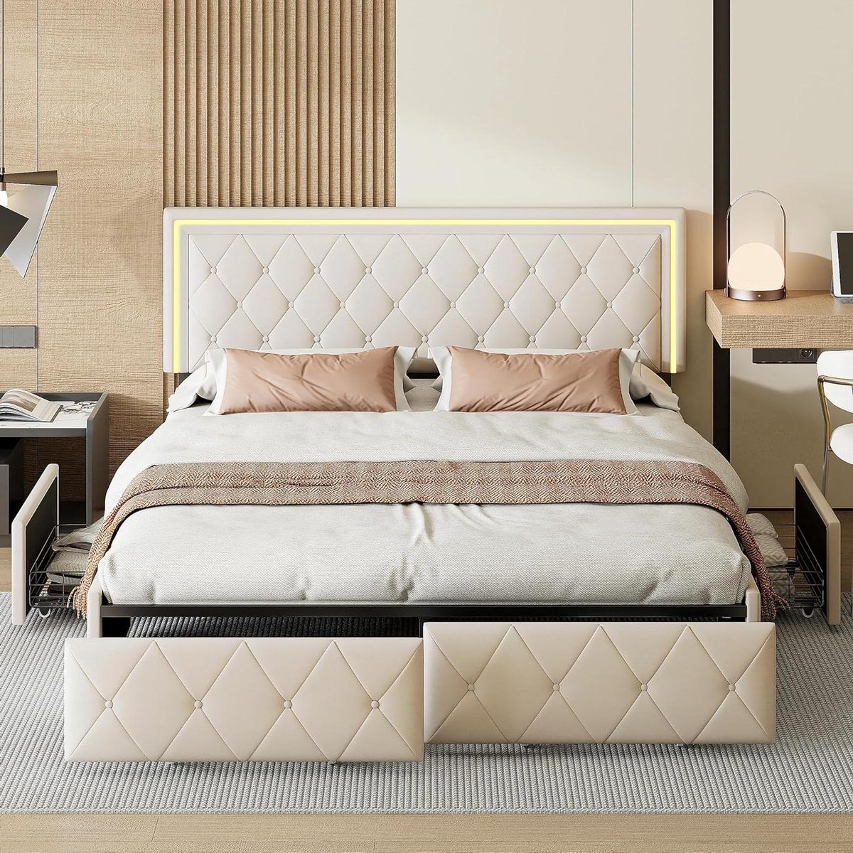 Upholstered Bed - Boxspring Bed - Slaapkamer Opbergen - Verstelbaar Hoofdbord LED - 140x200 cm - Beige