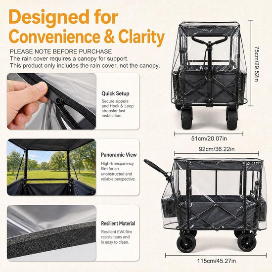 Universele transparante regenhoes voor bolderkar, handwagen en campingwagen, 115 x 75 x 51 cm, met ritssluiting en klittenbandsluiting — afbeelding 3