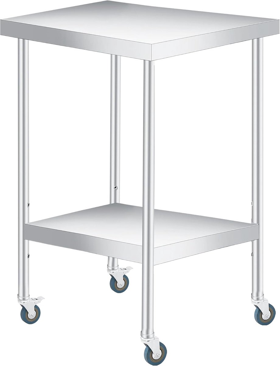 Roestvrijstalen werktafel 61 x 61 x 89 cm, tweelaags met onderblad, op wieltjes, multifunctioneel keukeneiland en bereidingstafel, eenvoudig schoon te maken