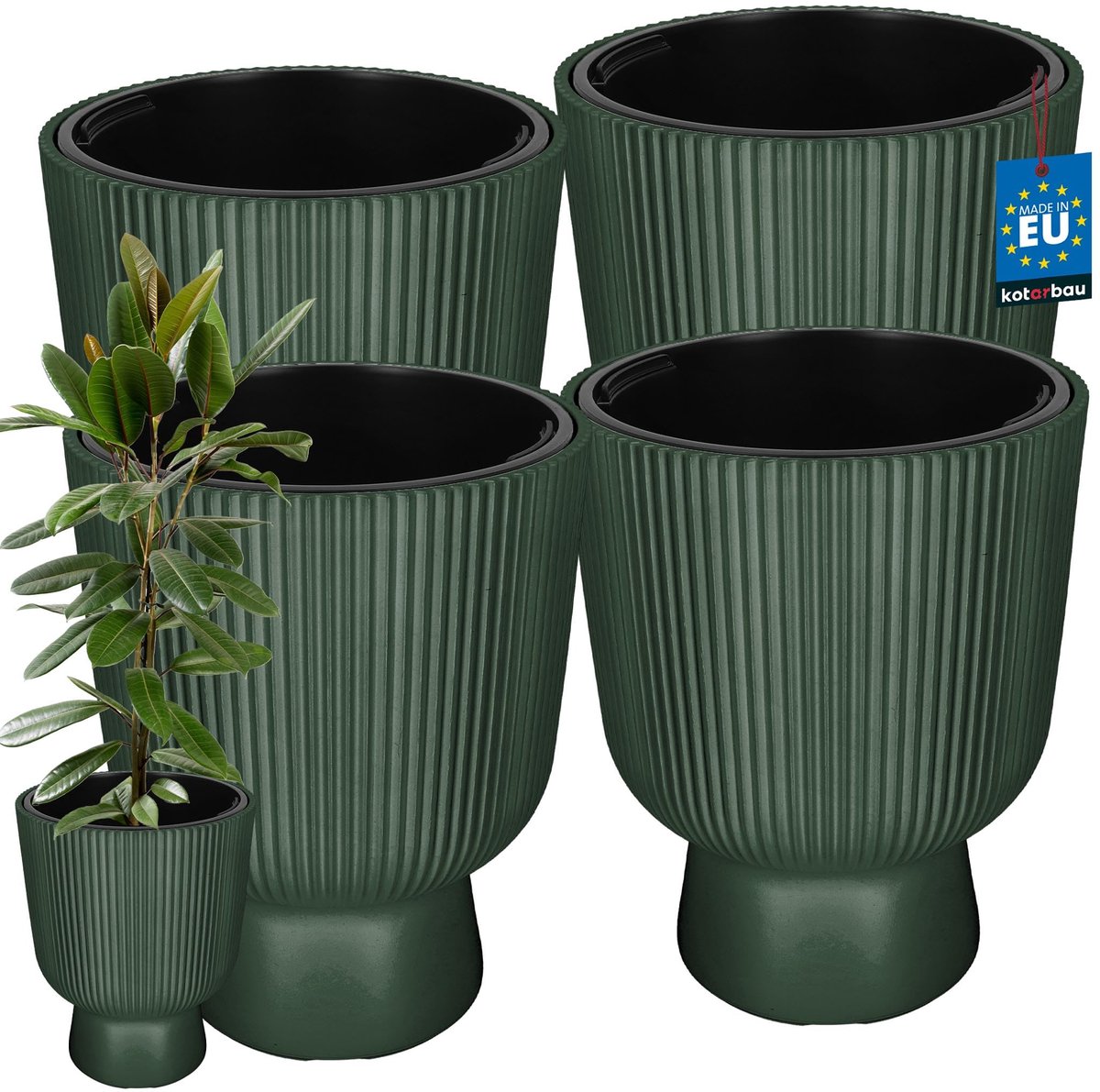 KOTARBAU® 4 Stuks - Bloempot - Plantenpot Ø 39 cm - met Binnenpot - Geribbelde Plantenbak - Plantenpot met Voet - Plantenbak - Kunststof - H: 49 cm - Groen