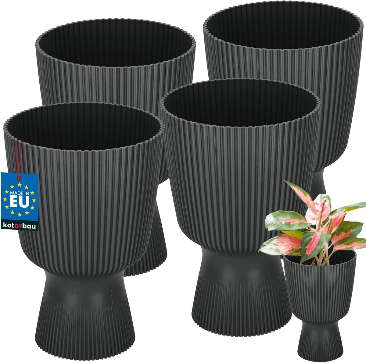 KOTARBAU® 4 Stuks - Bloempot - Plantenpot met Sokkel ⌀ 14 cm - PVC - Geribbelde Orchideeënpot - H: 21 cm - Zwart - Kelkvorm