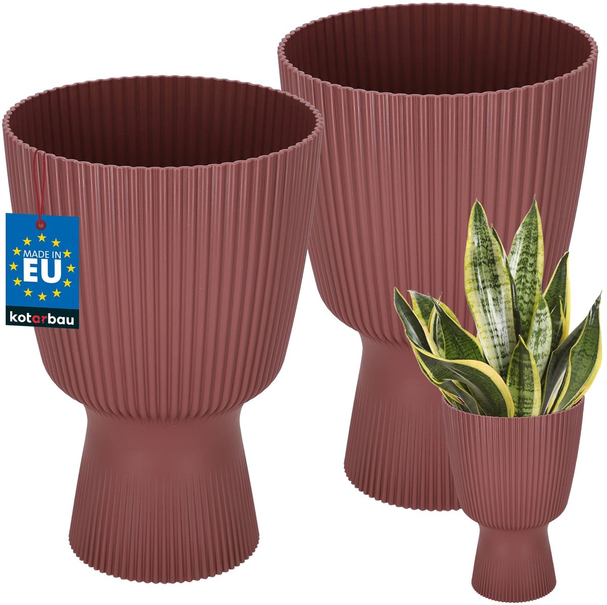 KOTARBAU® 2 Stuks - Bloempot - Plantenpot met Sokkel ⌀ 18 cm - PVC - Geribbelde Orchideeënpot - H: 27 cm - Marsala - Kelkvorm