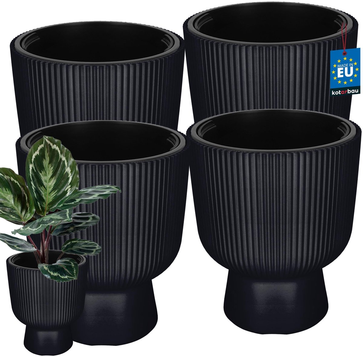 KOTARBAU® 4 Stuks - Bloempot - Plantenpot Ø 29 cm - met Binnenpot - Geribbelde Plantenbak - Plantenpot met Voet - Plantenbak - Kunststof - H: 36 cm - Anthrazit