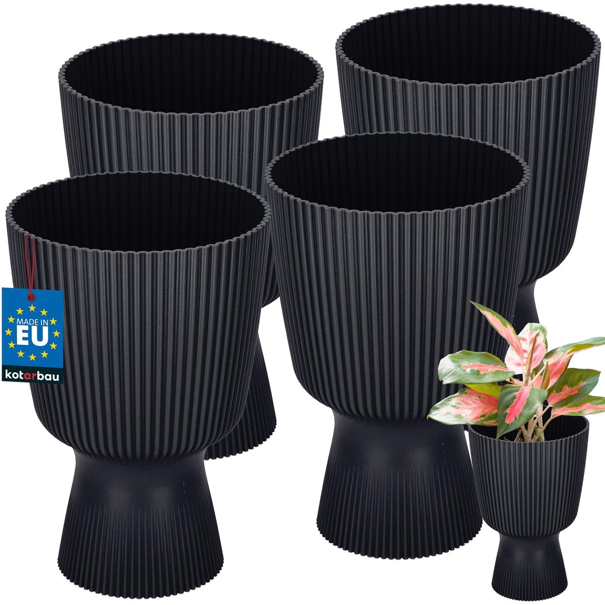 KOTARBAU® 4 Stuks - Bloempot - Plantenpot met Sokkel ⌀ 14 cm - PVC - Geribbelde Orchideeënpot - H: 21 cm - Antraciet - Kelkvorm