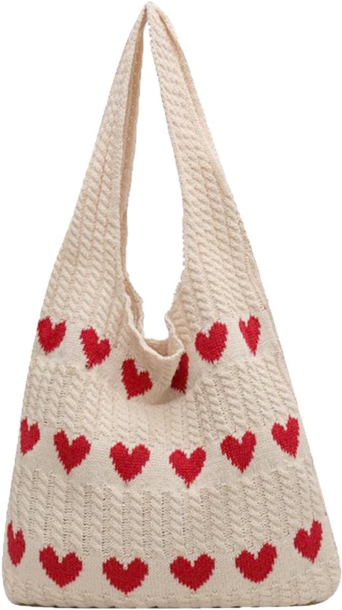 Tote Bag Dames 36 x 30 cm - Gehaakte Liefde Tas - Beige - Voor School en Winkelen - SnelShoppen