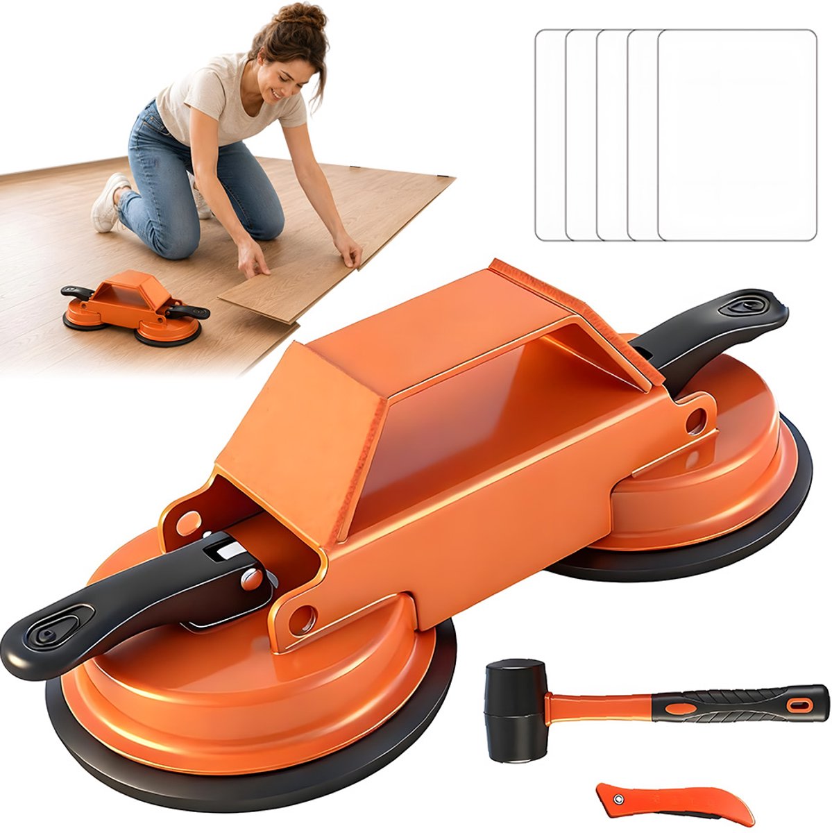 Vloervoegenreparatieset - Dubbele Zuignap Vloervoegen Reparatie - Zwevende Vloer & Houten Vloer - Siliconen Zuignappen & 45° Tikvlak - Incl. Rubberen Hamer & Schraper - Geluiddempend & Herbruikbaar - Voor Thuis & Doe-het-zelf
