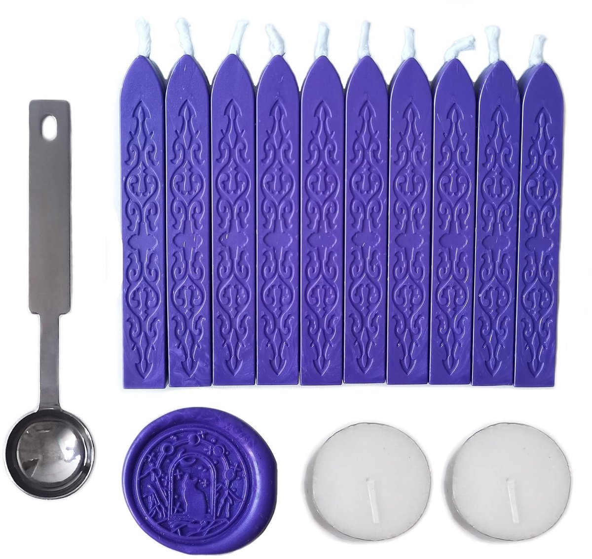 10 Stuks Lijmstiften voor Waszegels met 2 Witte Kaarsen en 1 Smeltlepel, Perfect voor Trouwinvitaties, Kaarten en Enveloppen (Paars)