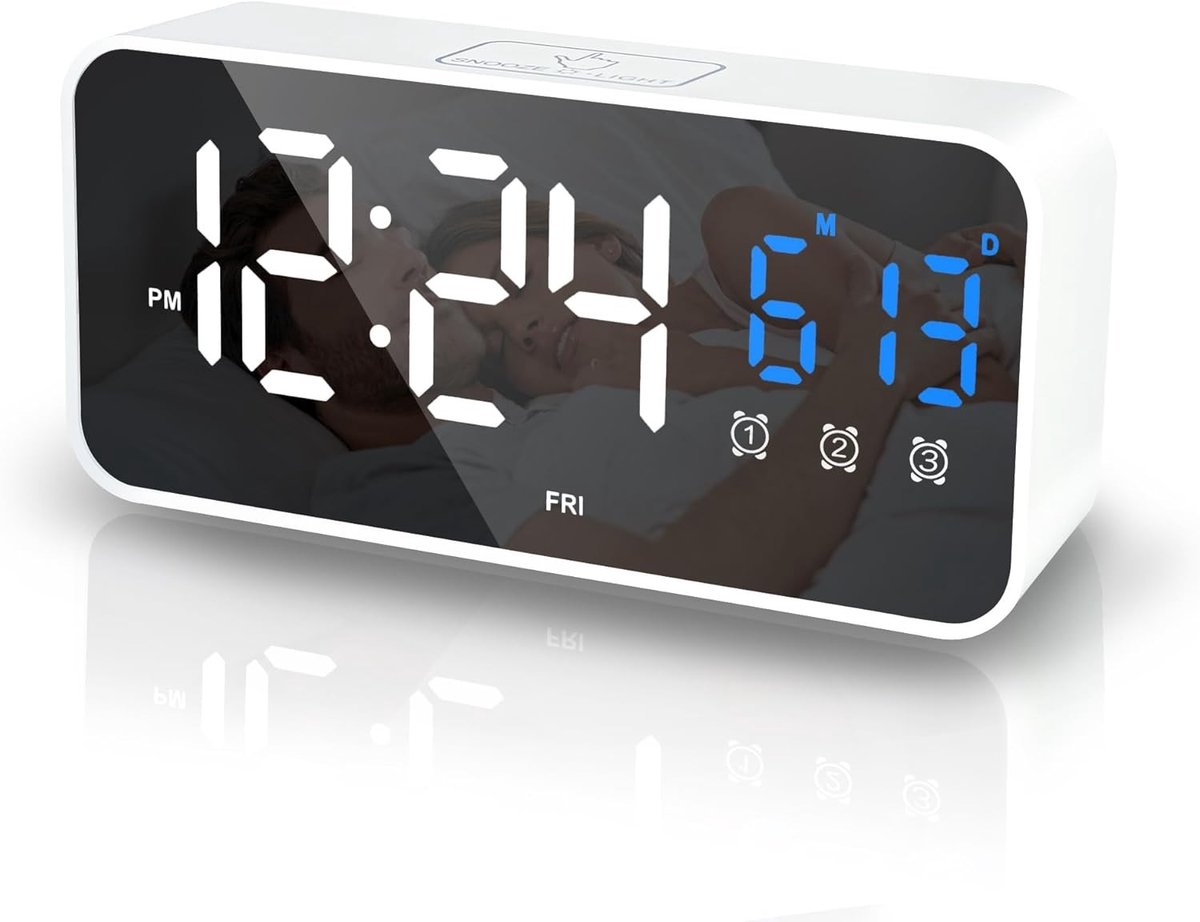 Digitale wekker met LED, temperatuur en datum, grote alarmklok met 25 muziekopties, 3 alarmen, instelbare helderheid, snooze-functie, 2 USB-poorten en dag van de week weergave