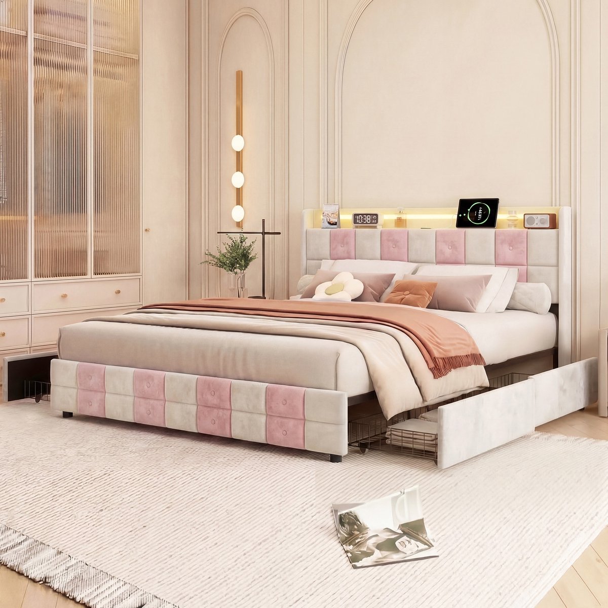 Opbergbed 140x190 cm met 4 opberglades en lattenbodem, gestoffeerd Tweepersoonsbed met led- en usb-poorten, Bedframe voor volwassenen en tieners（Fluwelen Wit en Roze）