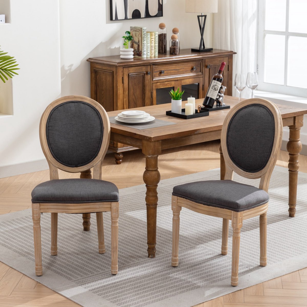 Sweiko Eetkamerstoel - Set van 2 - Houten frame - Linnen zitkussens - Donkergrijs