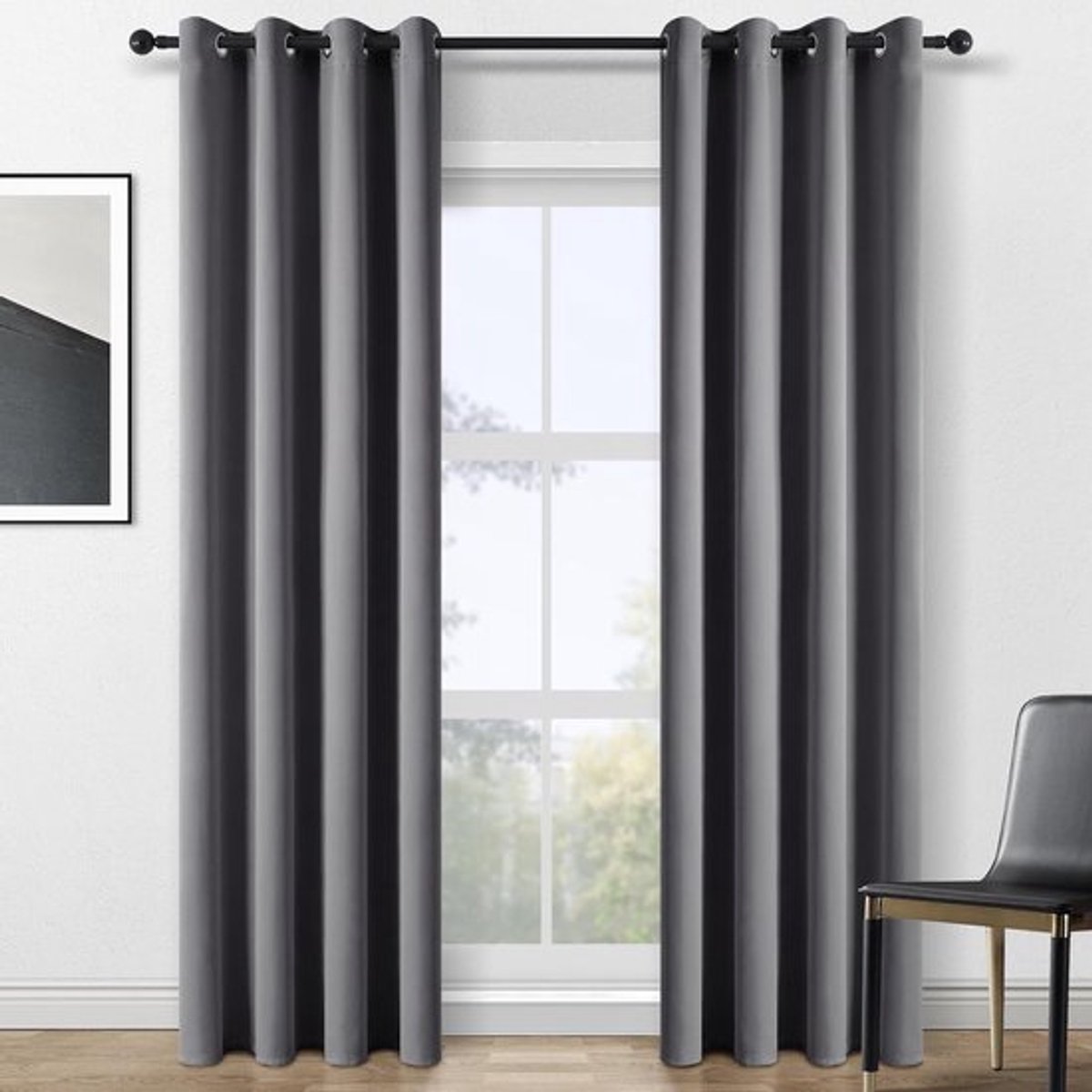 Grijze Opaque Gordijnen met Oogjes, Set van 2, Zwarte Outdoorgordijnen voor Zonwering, 240 x 140 cm