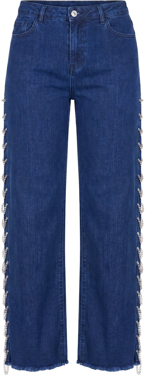 Ulla Popken - Dames - Jeans Mary wijde pijpen sierkettingen - Donkerblauw denim - Maat 42