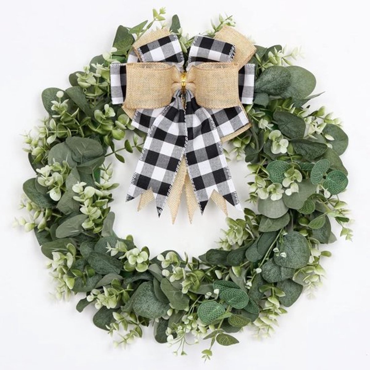 Eucalyptus Kunstbloemen Krans voor Lente en Zomer, Groene Welkom Krans met Ruitjesstrik, Decoratieve Wandkrans voor Veranda en Tuin