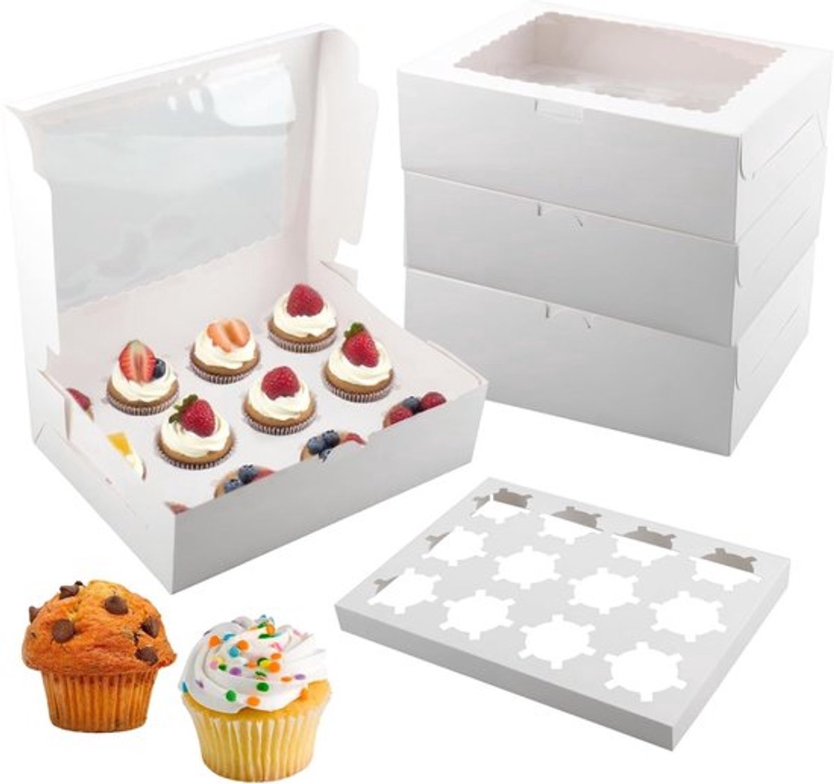 10 Stuks Cupcake Dozen met Kijkvenster, 12 Holes, Muffin Transportdoos voor Taarten, Koekjes en Desserts (30 x 22,9 x 9 cm)