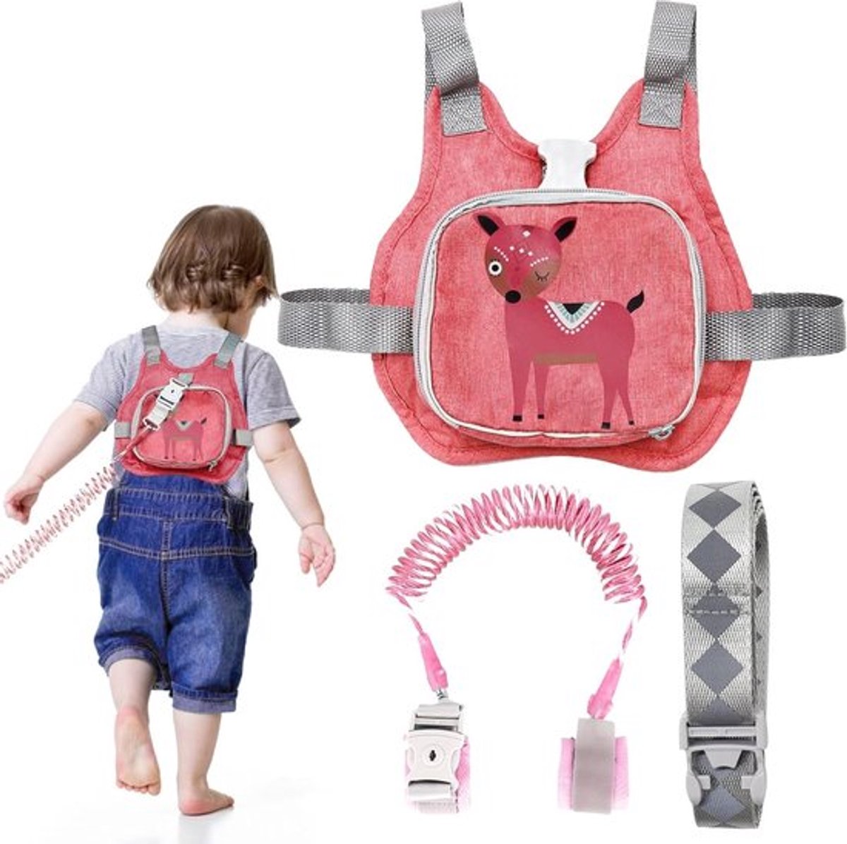 Veiligheidsriem voor Kinderen, 4-in-1 Rugzak met Anti-Verlies Band, Kinderriem en Rugzak voor Peuters van 1 tot 5 Jaar, Ideaal voor Wandelen en Speeltijd