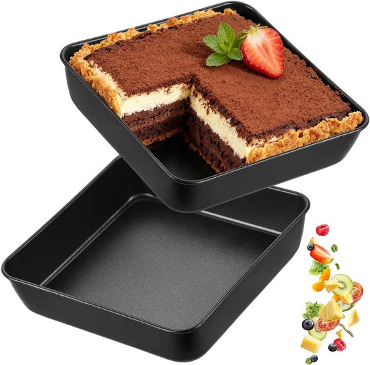 Set van 2 vierkante bakschalen met anti-aanbaklaag, roestvrijstalen cakevorm van 16 cm, ideaal voor lasagne, brownies en gezonde gerechten, gemakkelijk schoon te maken