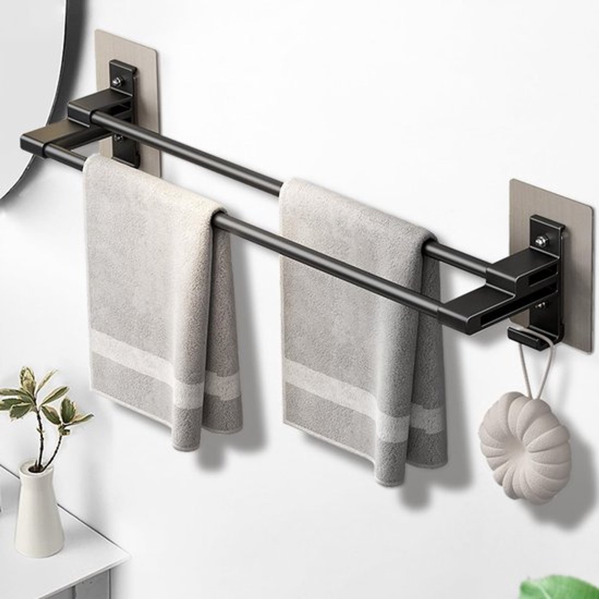 40 cm Handdoekrek zonder boren, wandmontage, 2 niveaus, handdoekhouder met haken, ruimtebesparend voor badkamer en keuken, ideaal voor gasten en handdoeken
