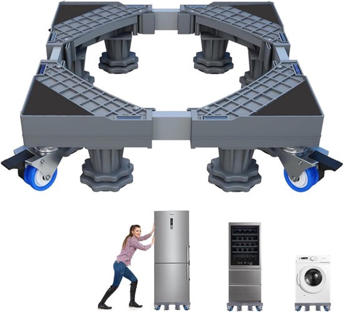 Verstelbaar telescopisch koelkastrek voor elektrische apparaten, trillingsarme waswagen met 4 draaibare wielen, meubelsokkel en stabiele poten voor eenvoudig verplaatsen