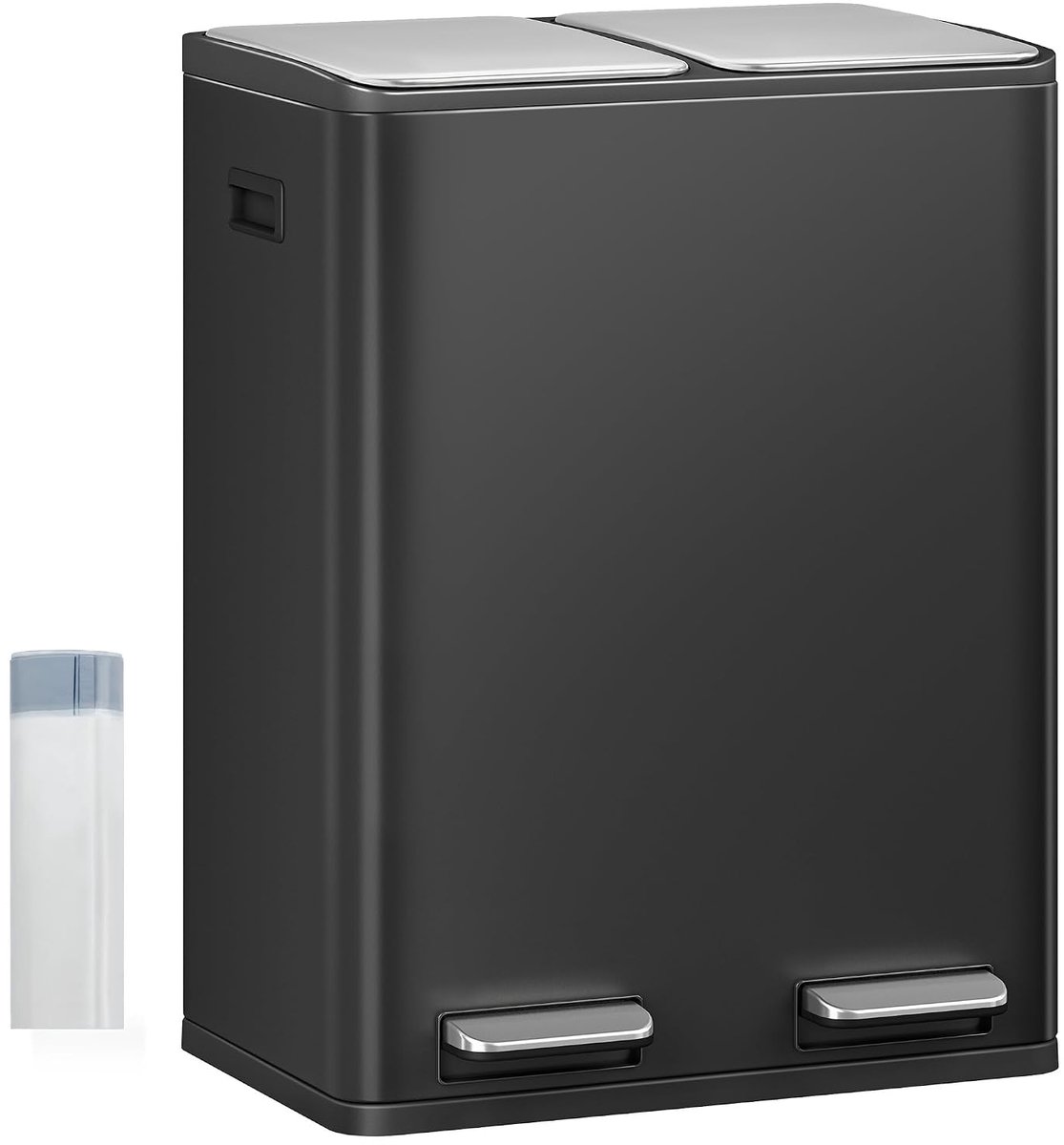 Hzuaneri Keukenafvalbak, 2 x 30 L, Afvalscheidingsbak met 2 vakken (totaal 60 L), Roestvrij staal, Pedaalemmer met soft-close deksel, Inclusief 15 bijbehorende afvalzakken, Zwart
