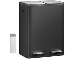 HILINSIE Keukenafvalbak, 2 x 30 L, Afvalscheidingsbak met 2 vakken (totaal 60 L), Roestvrij staal, Pedaalemmer met soft-close deksel, Inclusief 15 bijbehorende afvalzakken, Zwart