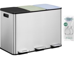 HILINSIE Keukenafvalbak, 3 x 15 l, Afvalscheidingssysteem met 3 vakken, Afvalbak met gekleurde soft-close deksels en pedalen, Keukenprullenbak met binnenemmers, Staal, Inclusief 15 vuilniszakken, Zilver