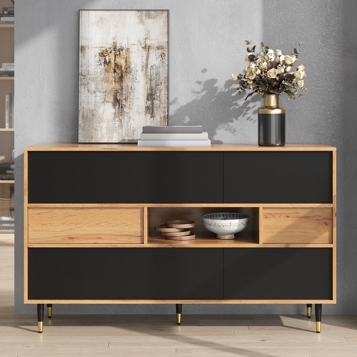 VVBV Dressoir - 140 x 40 x 84,5 cm, Zwart-Naturel, met 2 Lades, Open Vak, Metalen Poten, MDF & Spaanplaat, Veel Opbergruimte