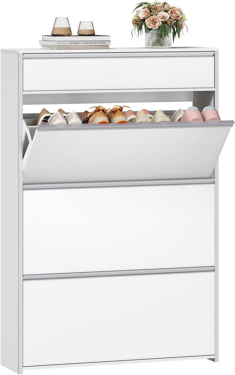 HILINSIE Schoenenkast met 3 neerklapbare deuren, wit-zilver, 80 x 24 x 137,5 cm, schoenenrek met lade, smalle schoenenkast met 6 planken, verstelbaar, voor gangen en entrees