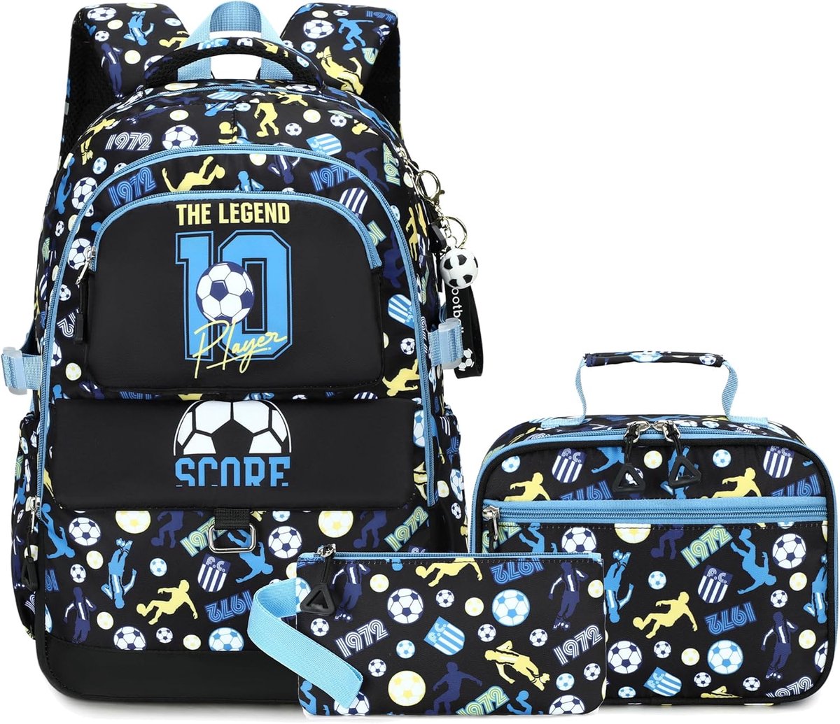 SnelShoppen - Coole Makukke Schoolrugzakset voor Tieners Jongens, Gamer Schooltassen met Broodtrommel en Etui, 15.6 Inch Voetbalschoolrugzak voor Basi