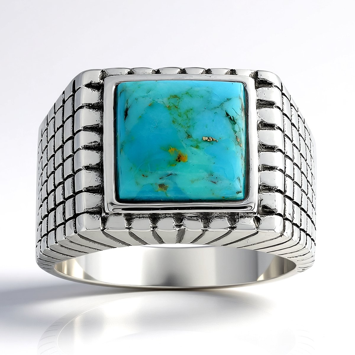 Cavill - Zilveren Ring - 925 Sterling Zilver Geoxideerd - Blauwe Kingman Mohave Turkoois 2,205 ct - Moderne Vierkante Cabochon - Handgemaakt