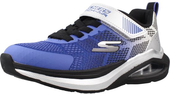 Blauwe Skechers sneaker met klittenbandsluiting, zwarte veters en een luchtzool.
