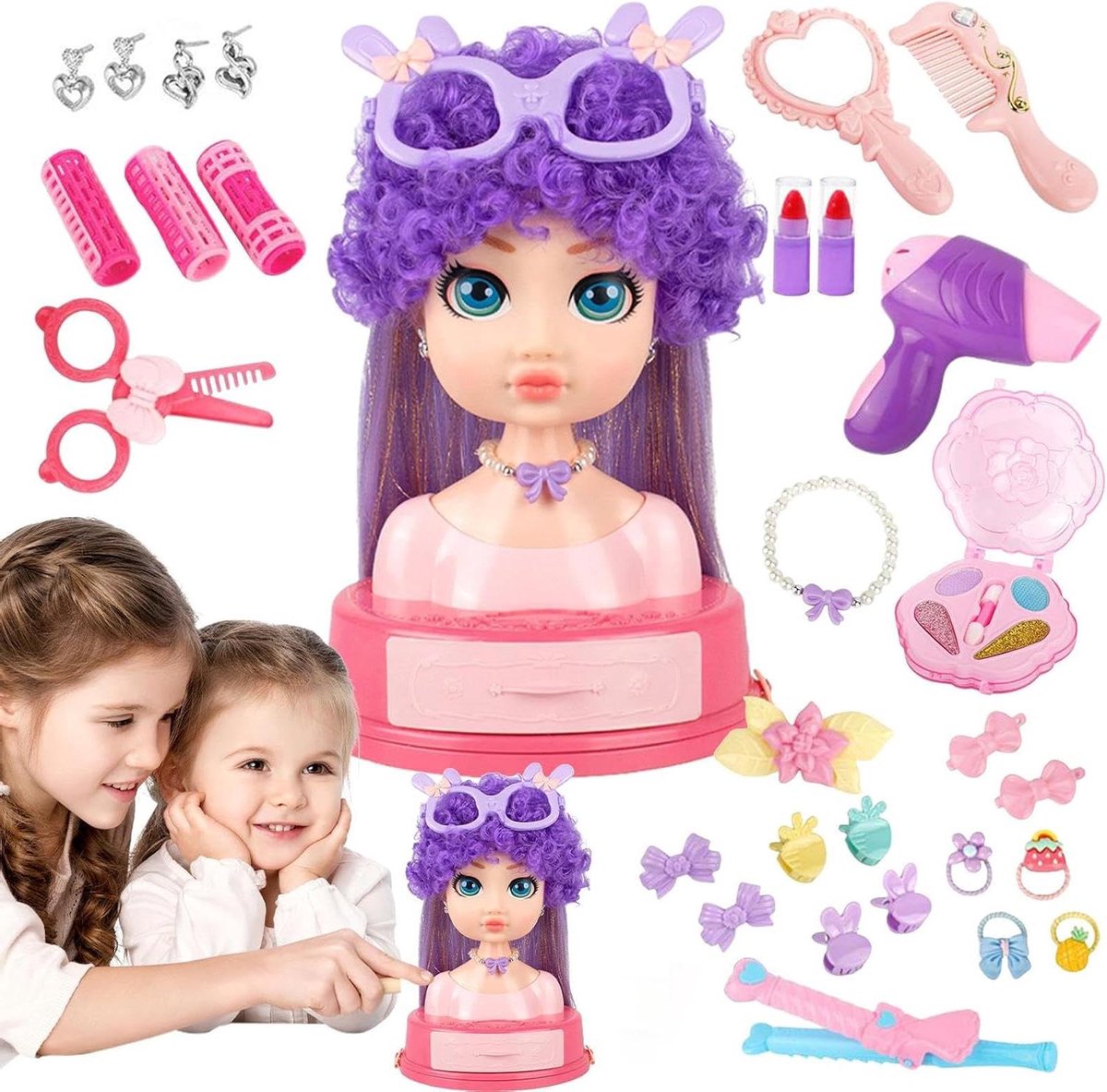 Kappershoofd met Accessoires - Speelset Haarstyling - Kinderen Leren Stylen - 31-delige Set Inclusief Föhn - 19.8 cm Hoogte - Goudblond