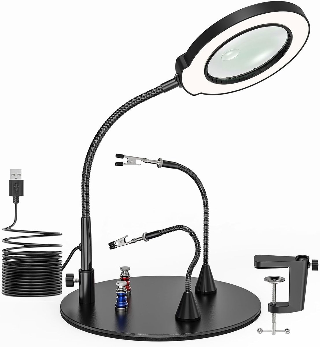 SnelShoppen - Vergrootglas met Verlichting 10x 15x, 5 Kleuren, Infiniet Dimbaar, Klem en Magneet, Hulp bij Solderen, LED Verlichting voor Reparatie