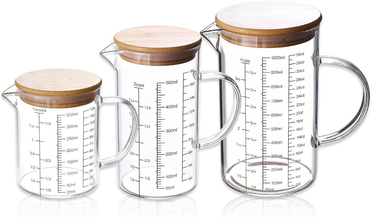 Set van 3 Glazen Maatbekers - Hittebestendig Borosilicaatglas - 1 Liter, 500 ml, 350 ml - Voor Keuken of Restaurant