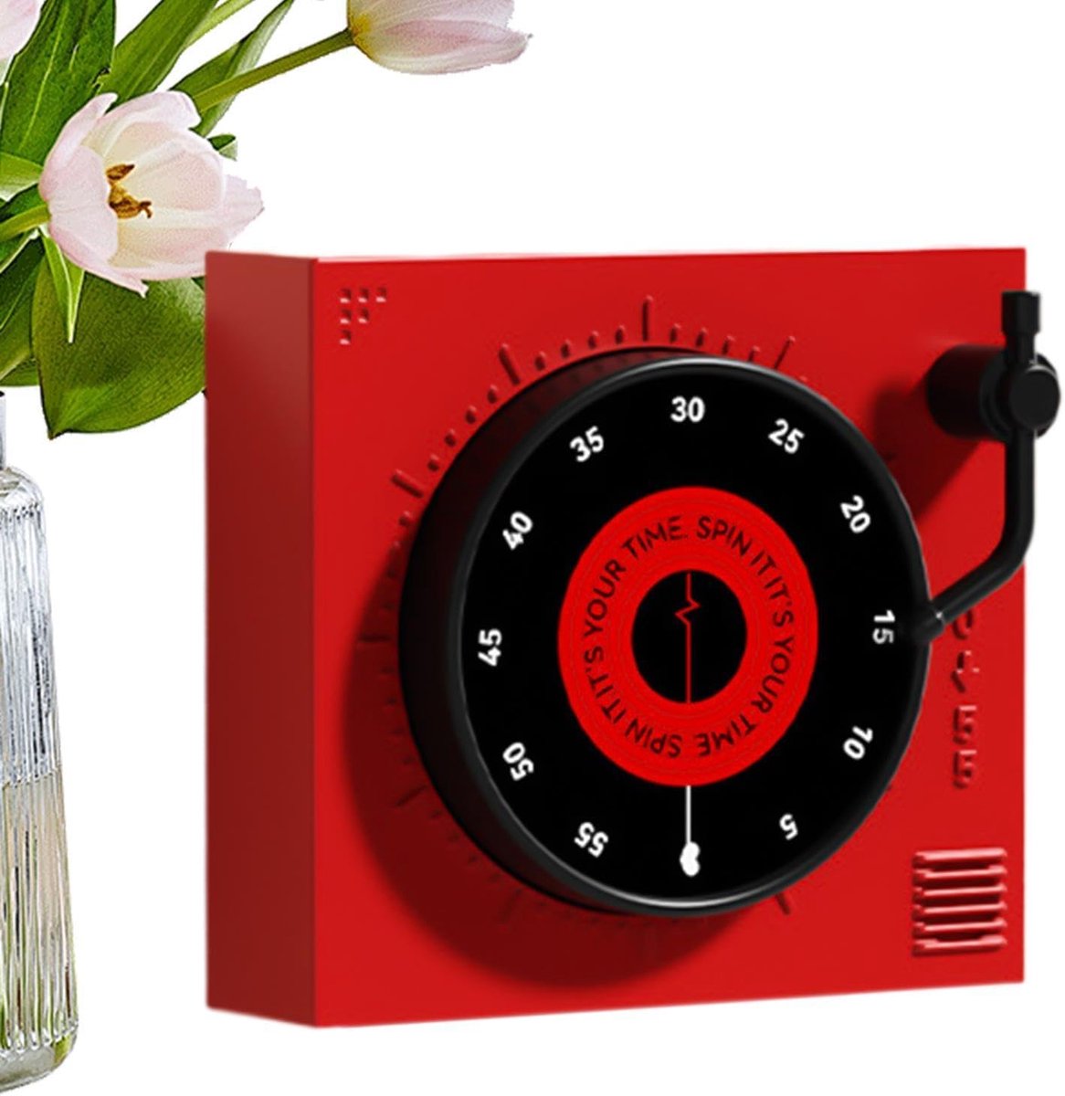 Bobypet - Retro Kookwekker Magnetisch met Platenspeler Design - Mechanische Keuken Timer Zonder Batterij - Analoge Eierwekker voor Keuken, Studie en Kantoor - Rood