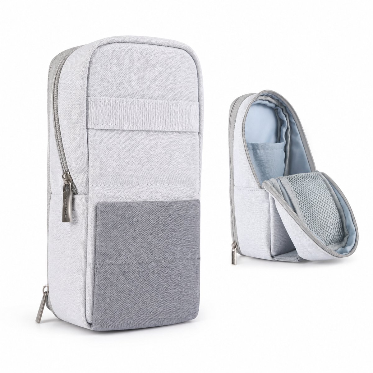 Bobypet - Staand Etui en Pennenzak - Telefoonhouder en Desk Organizer - Uitbreidbaar met Oplaadpoort - Voor School en Kantoor - Lichtgrijs