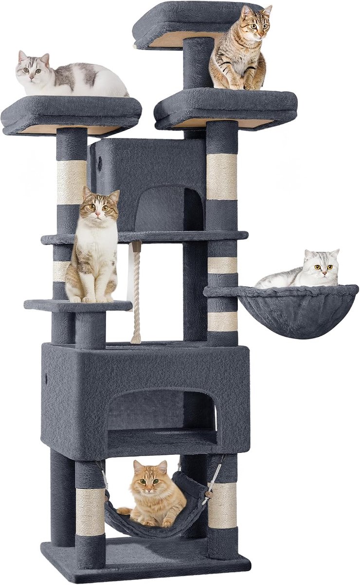 Hzuaneri XL Kattenboom, 176 cm Krabpaal, 3 Platforms, 2 Grotbedden, 7 Sisalkolommen met Hangmat, Robuust Voor Huizen met Meerdere Katten, Donkergrijs