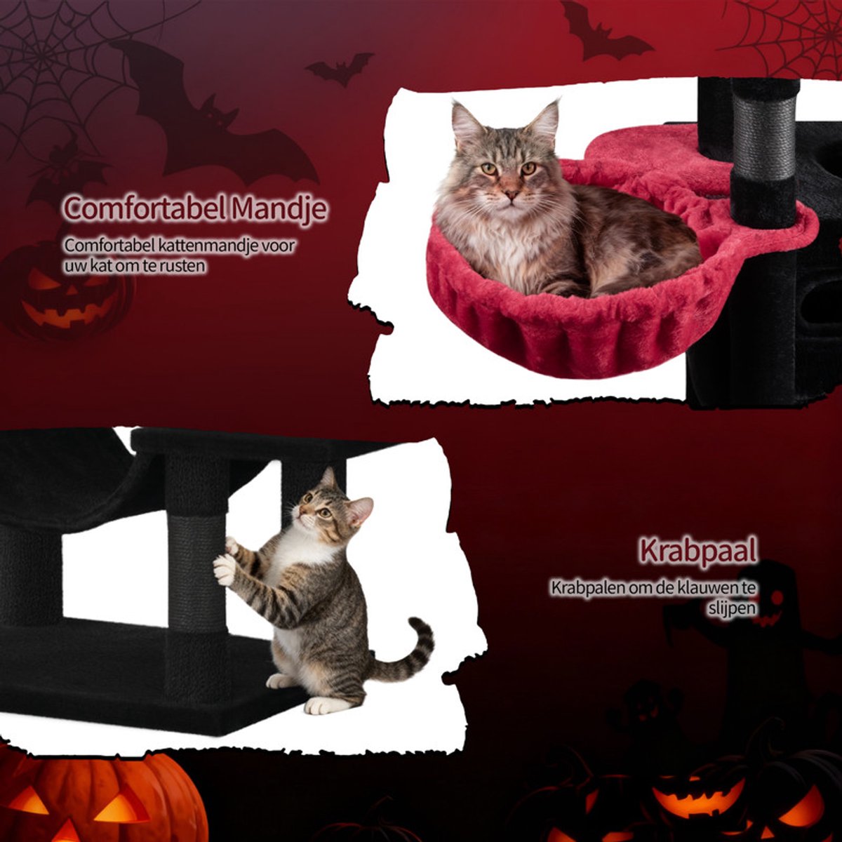 Hzuaneri Krabpaal groot, 170 cm, kattentoren voor maine-kat, grote kat, meerlaagse krabpaal met grote zitstang, wasbare mat, kattenhuismeubel met 2 holletjes, 8 krabbomen, Zwart Rood thumbnail 4