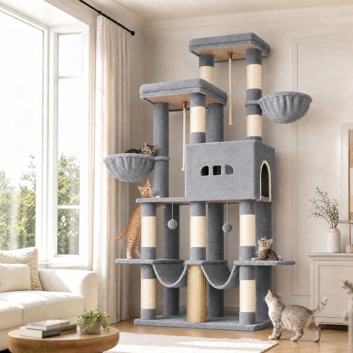 Hzuaneri Krabpaal, 176 cm grote krabpaal, 2 platforms, 2 grote holen, 9 sisal krabpalen, 2 hangmatten, kattenmand, pompons, geschikt voor Maine Coon katten, lichtgrijs