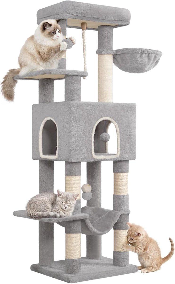 Hzuaneri krabpaal, 162 cm, met 5 krabpalen, lichtgrijs, grote platforms, schuilplaats, speelcentrum voor katten met meerdere niveaus, pompons.