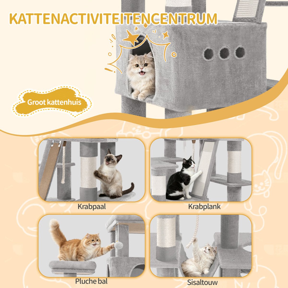 Hzuaneri Krabpaal, 201 cm XXL Krabpaal met 9 krabpalen, 2 holen, 2 hangmatten, groot platform, sisaltouw, mand, robuuste krabpaal voor Maine Coons en grote katten, lichtgrijs thumbnail 5