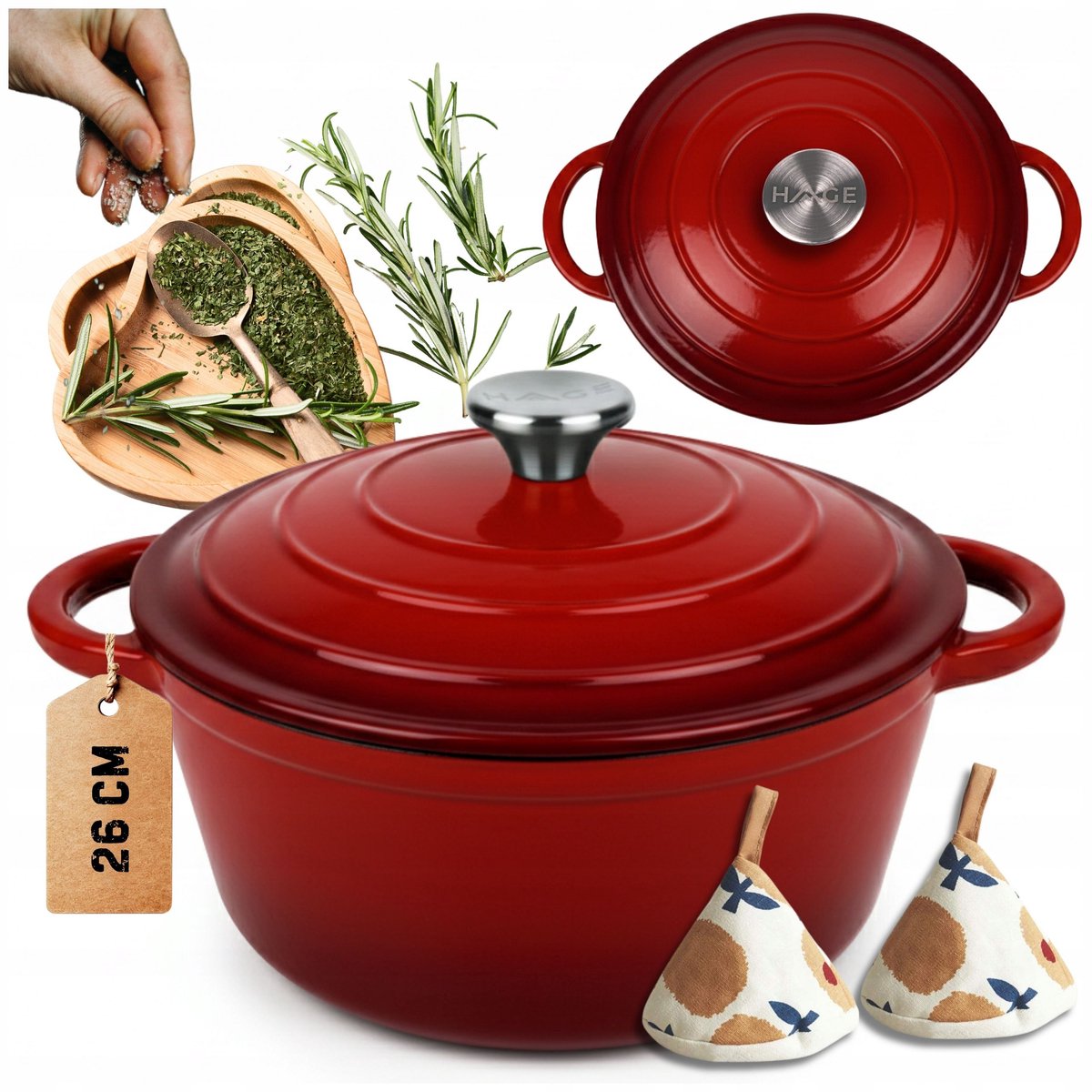 Hage - Braadpan - Geëmailleerde Gietijzeren Braadpan - Casserole - Geschikt voor Inductie, Gas & Oven - Inclusief Pannenonderzetter & Handgreepbeschermers - 5 Liter - Ø26 x 18 cm - Rood