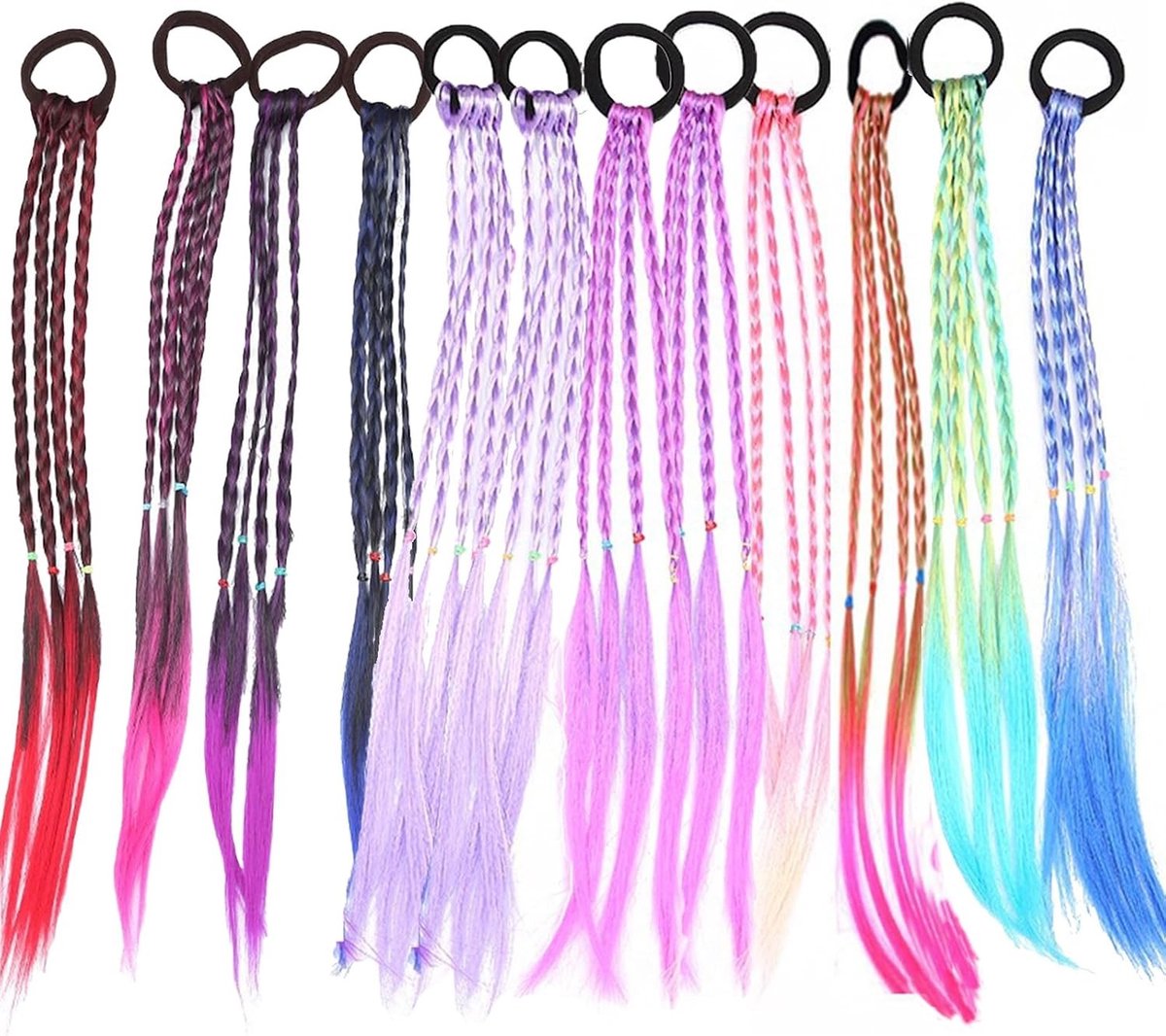 Kleurige Haarstrengen voor Vlechten, 12 Stuks voor Kinderen, Geschikt voor Meisjes, Synthetisch Haar met Elastiek voor Creatieve Haarstijlen