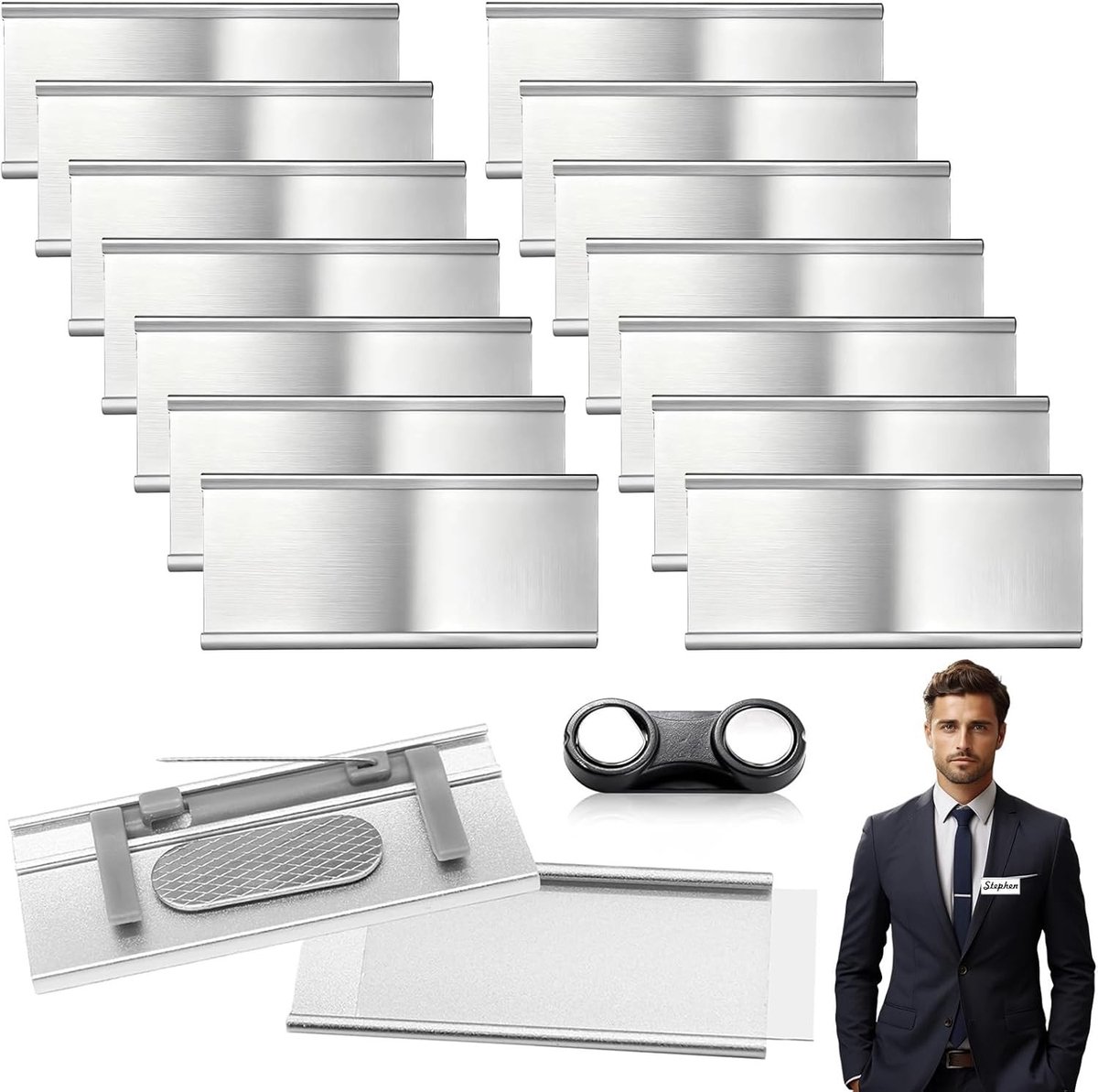 14pcs Magnetic Name Tags, 72x31mm, Aluminum Name Tags with Magnet with Paper Slot and Pin for Work, Exhibition - ShopVlot