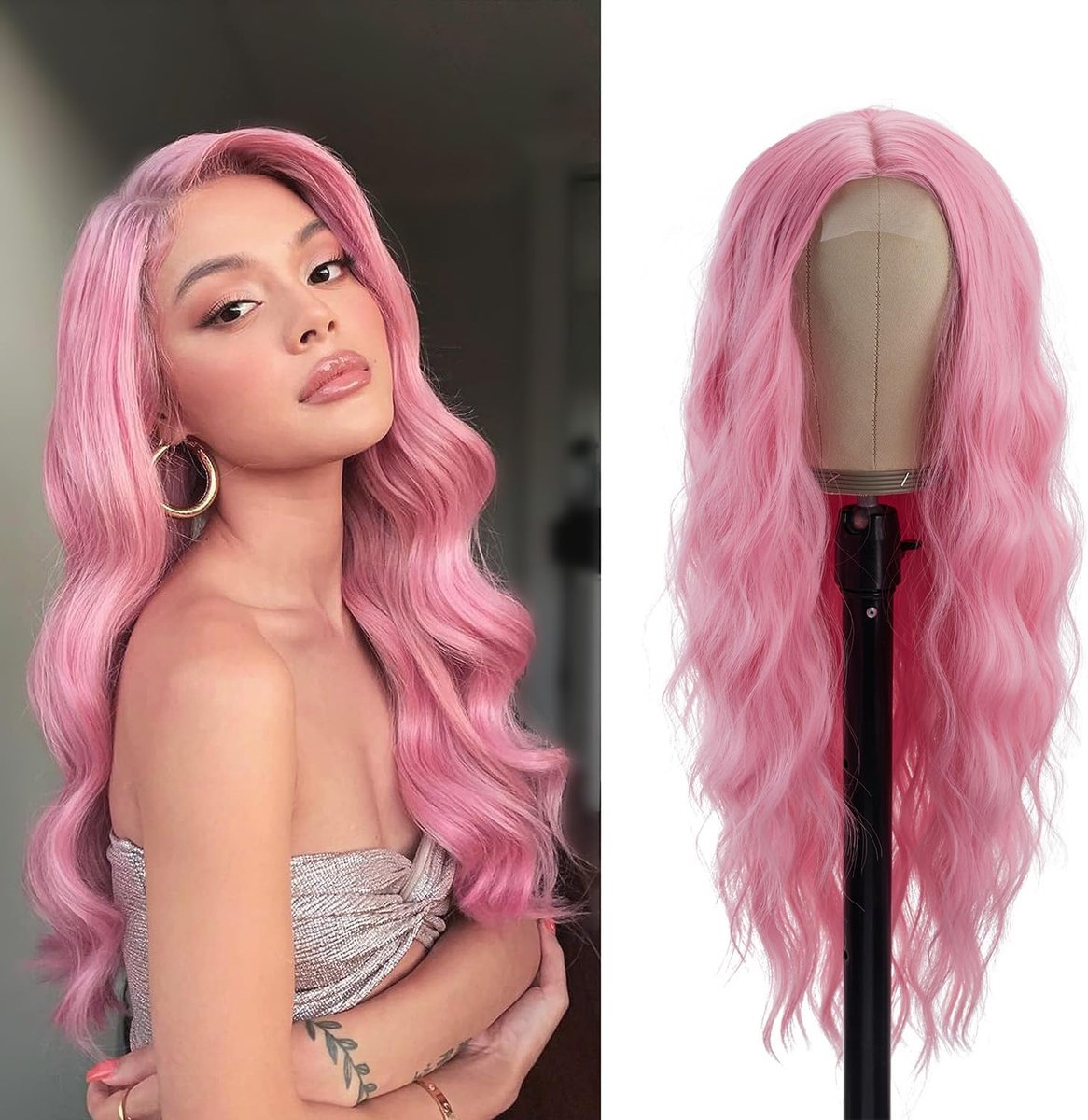 SnelShoppen - Lange Roze Golvende Haarstuk 66 cm Midden Scheiding Krullend Natuurlijke Hoge Temperatuur Synthetisch Haar voor Vrouwen Dagelijks Gebrui