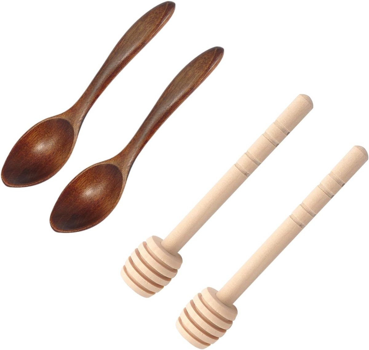 Set van 4 Houten Honinglepels en Roerstaafjes voor Makkelijk Honing Scheppen en Mengen